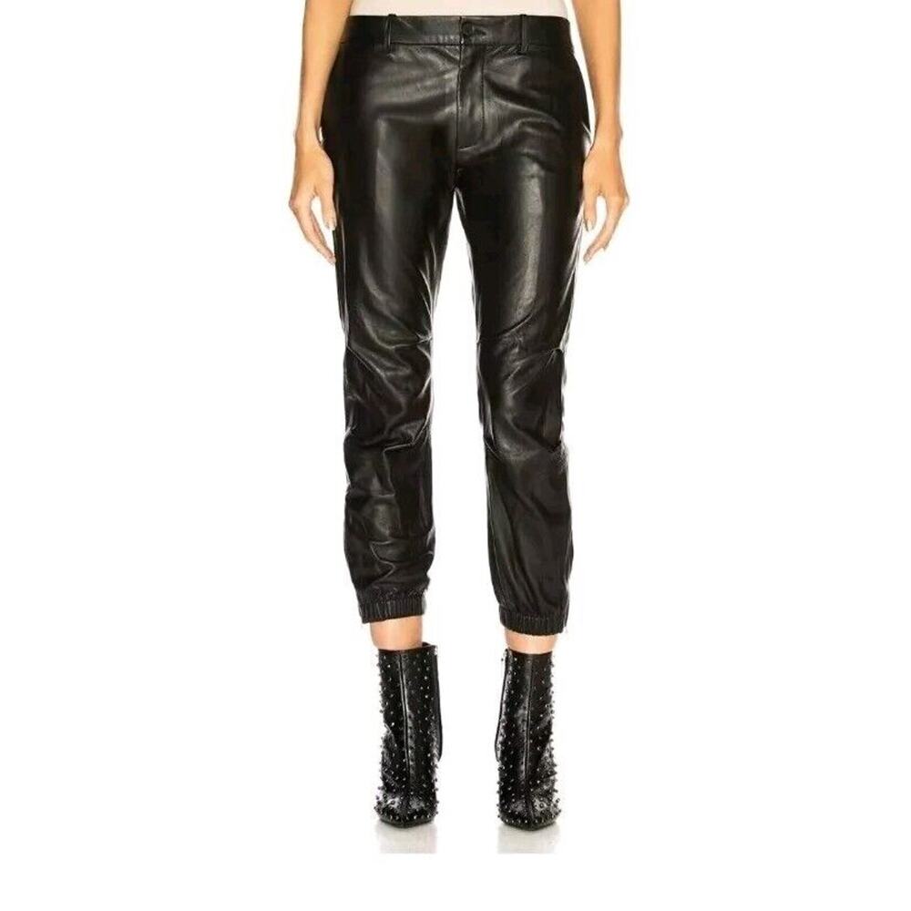 Nili Lotan Leather Pants Sz 4 Black Joggers Crop Lambskin French Military Zip